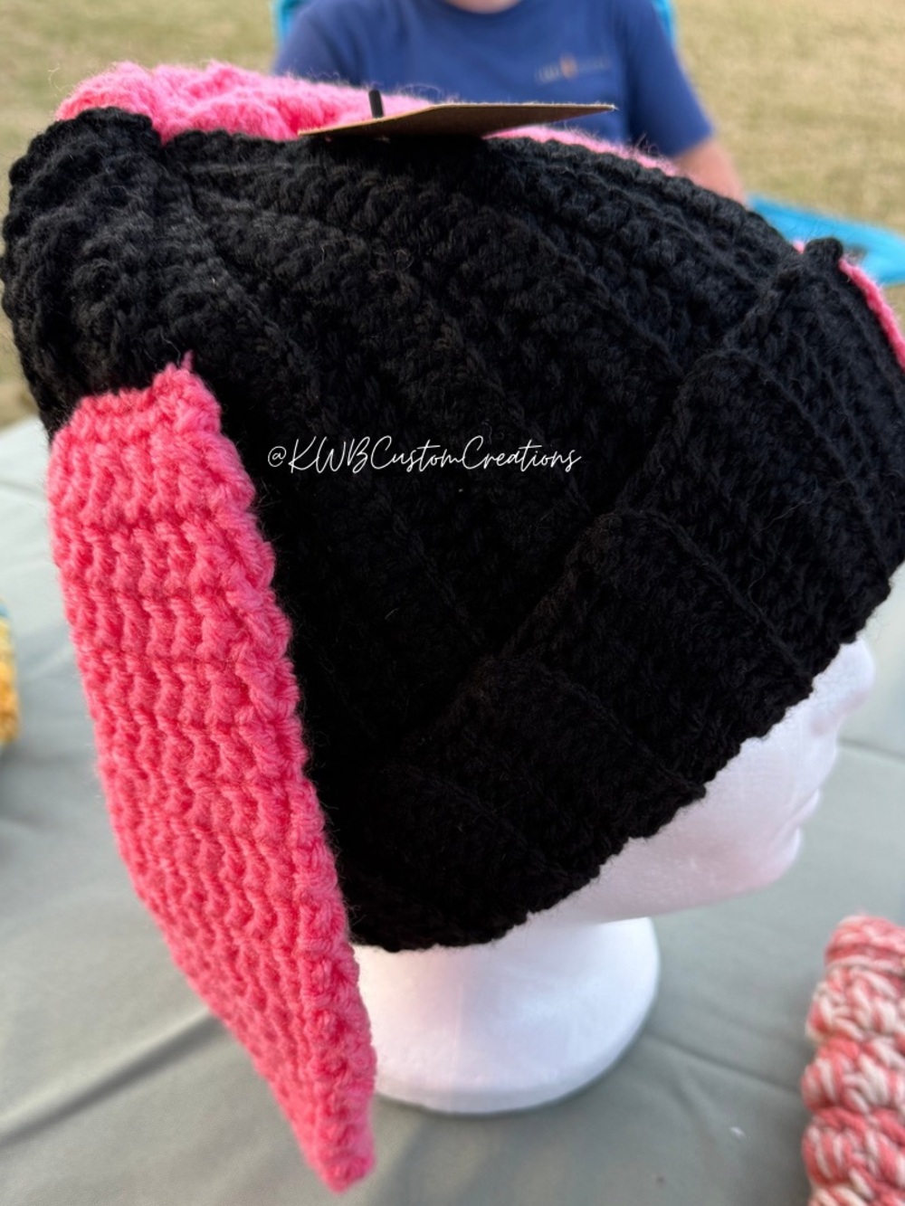 Black & Pink Crochet Bunny Ear Beanie